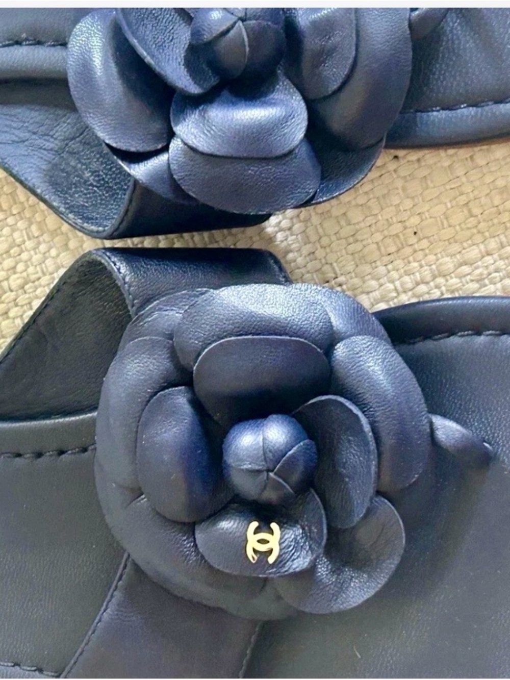 CHANEL Navy Camellia Leather Slide Sandals - Picture 2 of 6